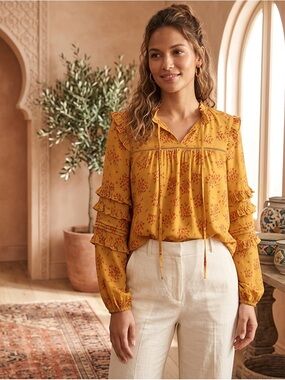 Floral Ruffle Blouse - Mustard and Red